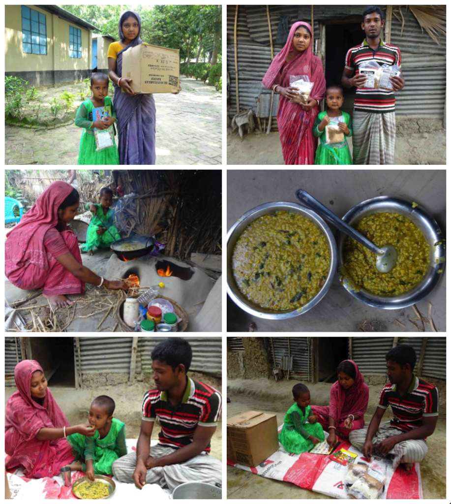 Top Row: L, Mitu's mother receives a box of FtH food; R, A nutritious meal will help Mitu overcome malnourishment. Middle Row: L, Mitu helps her mother prepare the meal packet; R, FtH rice and soy with local ingredients added. Bottom Row: L, Mitu enjoying her nutritious lunch; R, Now Mitu can study her schoolwork on a full stomach!